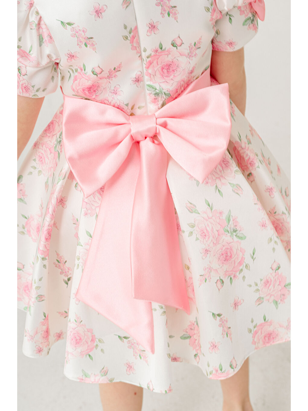 Pink Girls Fuşya Kolu Fiyonk Detaylı Çiçek Baskılı Günlük Jile Elbise - 4