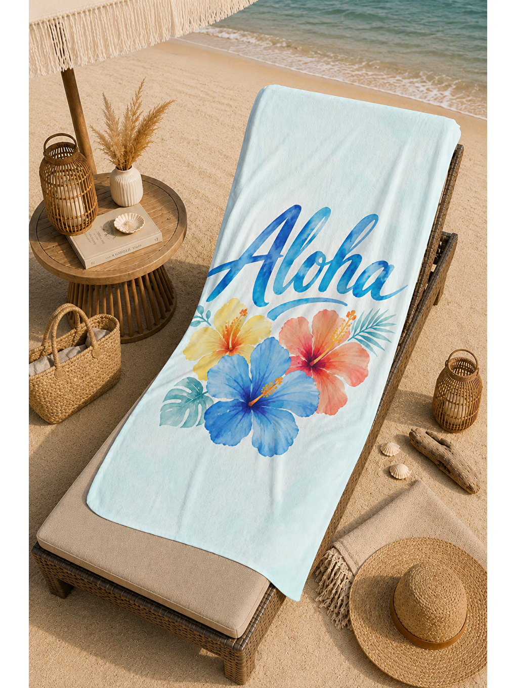 Ekru Tropik Hibiskus Çiçek Desenli 70x150 Plaj Havlusu-5
