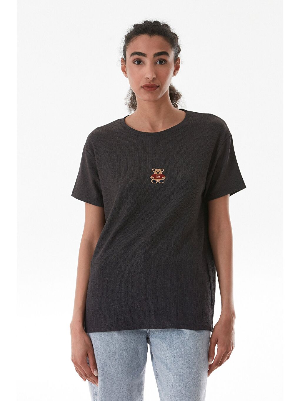 Antrasit Ayıcık Nakışlı Bürümcük Kumaş Oversize Tişört