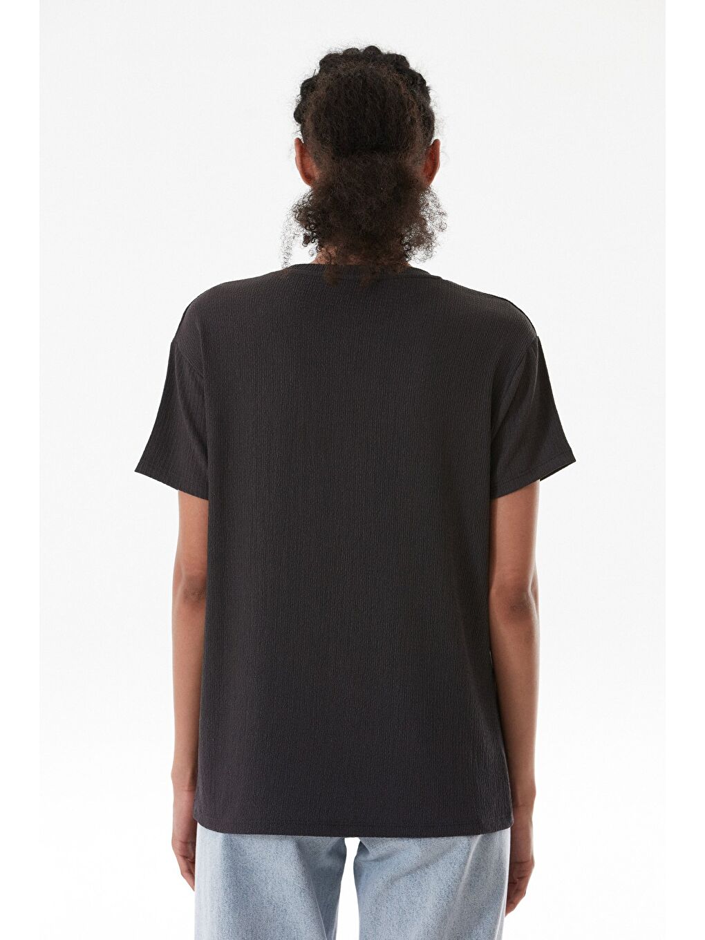 Antrasit Ayıcık Nakışlı Bürümcük Kumaş Oversize Tişört-3