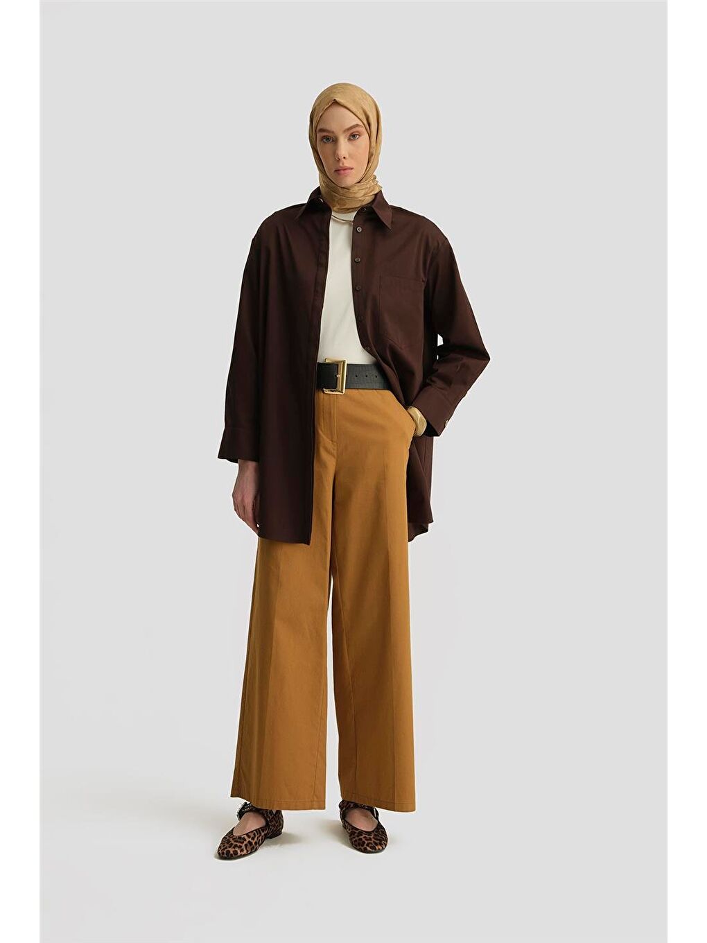 Kahverengi Yüksek Bel Palazzo Pantolon 25Y2812 Sahra-1