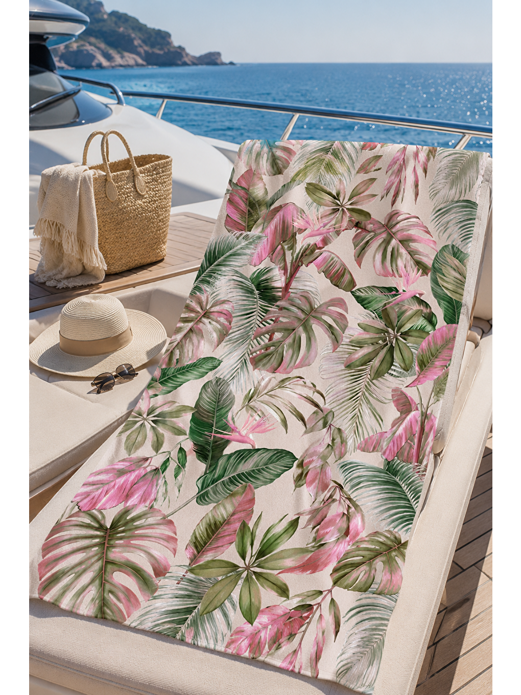 Yeşil Pembe Tropik Yaprak Desenli 70x150 Plaj Havlusu-1
