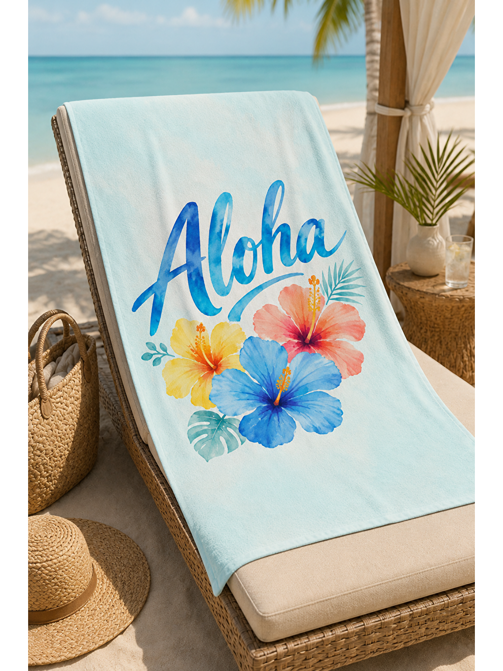Ekru Tropik Hibiskus Çiçek Desenli 70x150 Plaj Havlusu-6