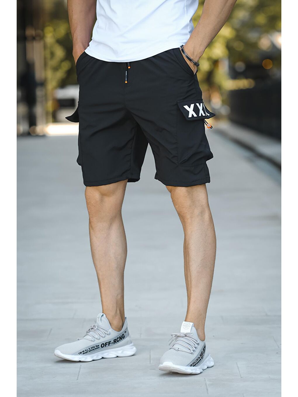 Siyah Baskılı Kort Paraşüt Kumaş Kargo Cep Erkek Şort-2