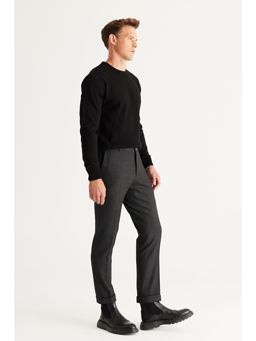 Erkek Antrasit Slim Fit Dar Kesim Beli Bağlamalı Desenli Esnek Pantolon