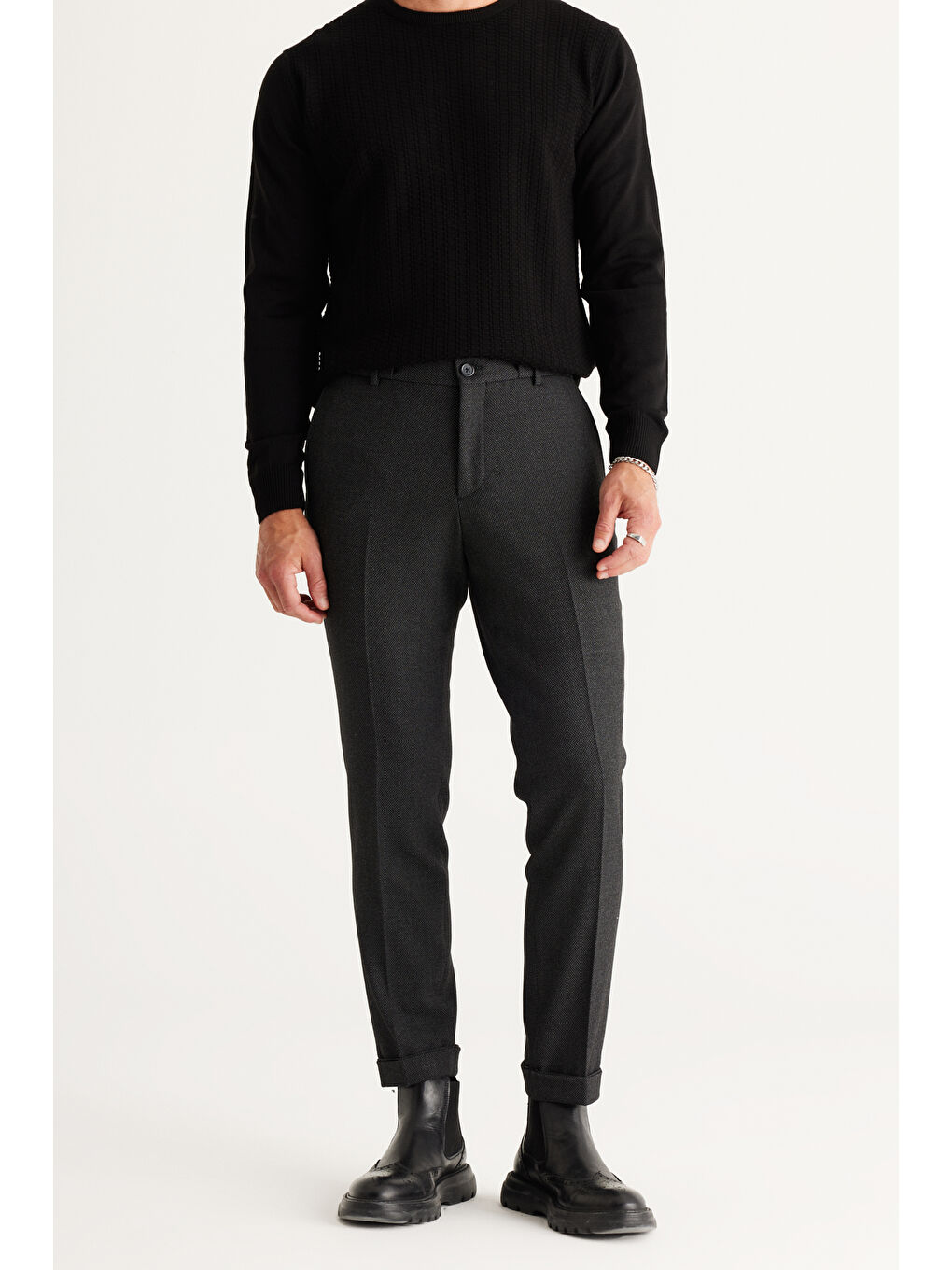Erkek Antrasit Slim Fit Dar Kesim Beli Bağlamalı Desenli Esnek Pantolon-1