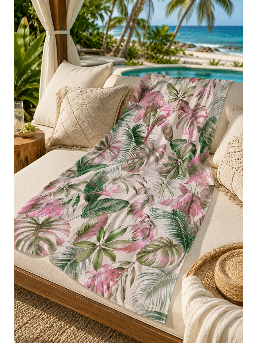 Yeşil Pembe Tropik Yaprak Desenli 70x150 Plaj Havlusu-2