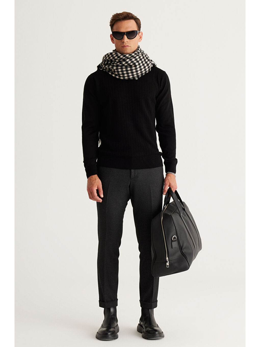 Erkek Antrasit Slim Fit Dar Kesim Beli Bağlamalı Desenli Esnek Pantolon-2