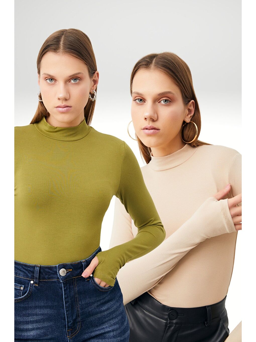 Bej Kadın Yağ Yeşili Krem Parmak Detaylı 2'li Body