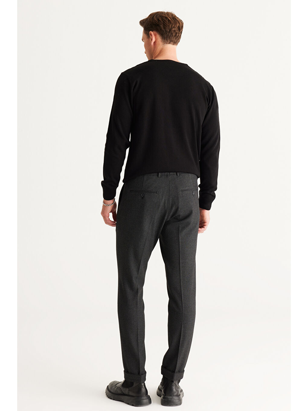 Erkek Antrasit Slim Fit Dar Kesim Beli Bağlamalı Desenli Esnek Pantolon-4
