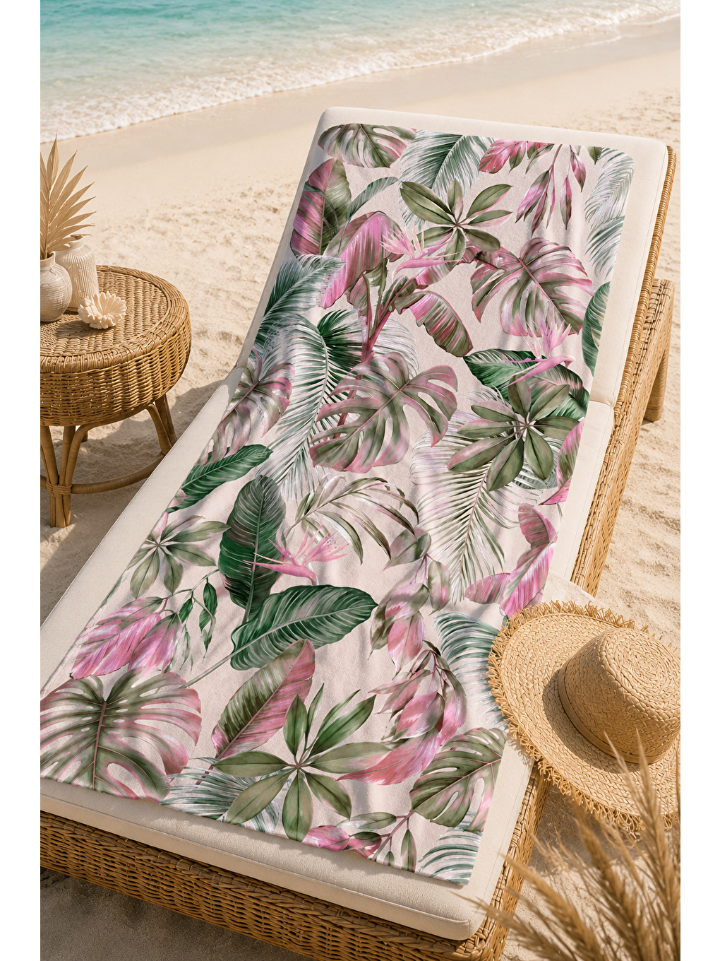 Yeşil Pembe Tropik Yaprak Desenli 70x150 Plaj Havlusu-3
