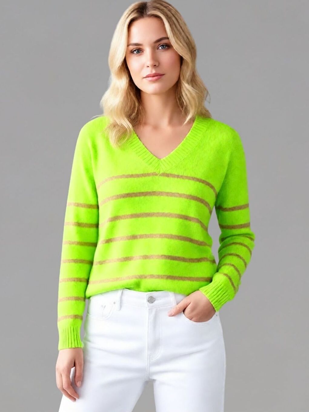 Kadın Fıstık Yeşili V Yaka Vizon Çizgili Triko Kazak