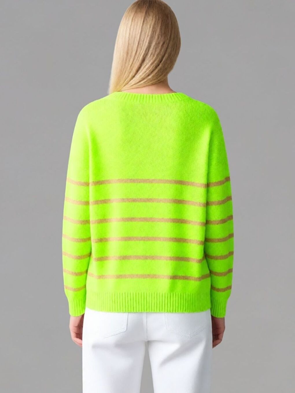 Kadın Fıstık Yeşili V Yaka Vizon Çizgili Triko Kazak-1