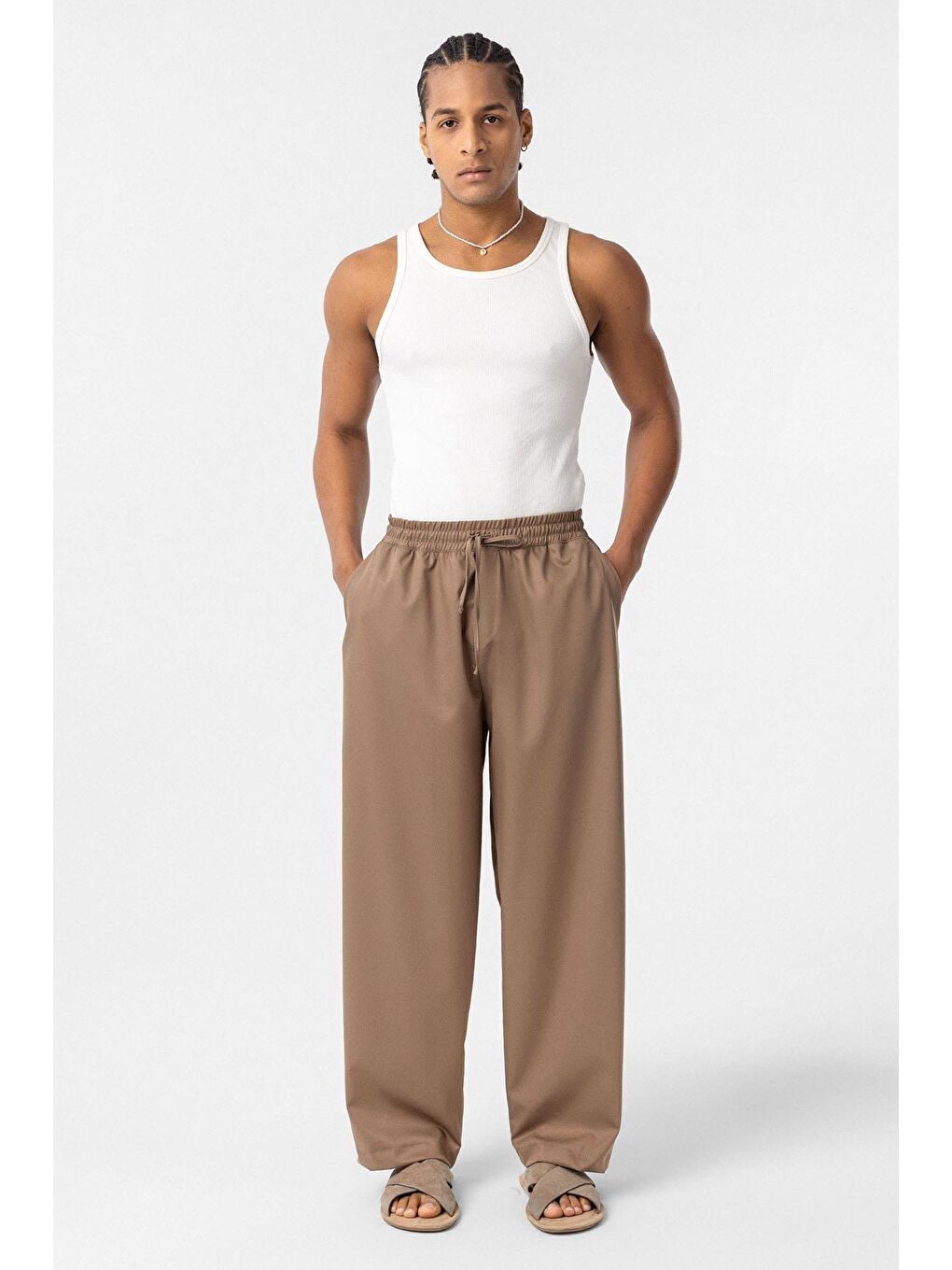 Bej Bel Lastikli Baggy Erkek Pantolon Vizon