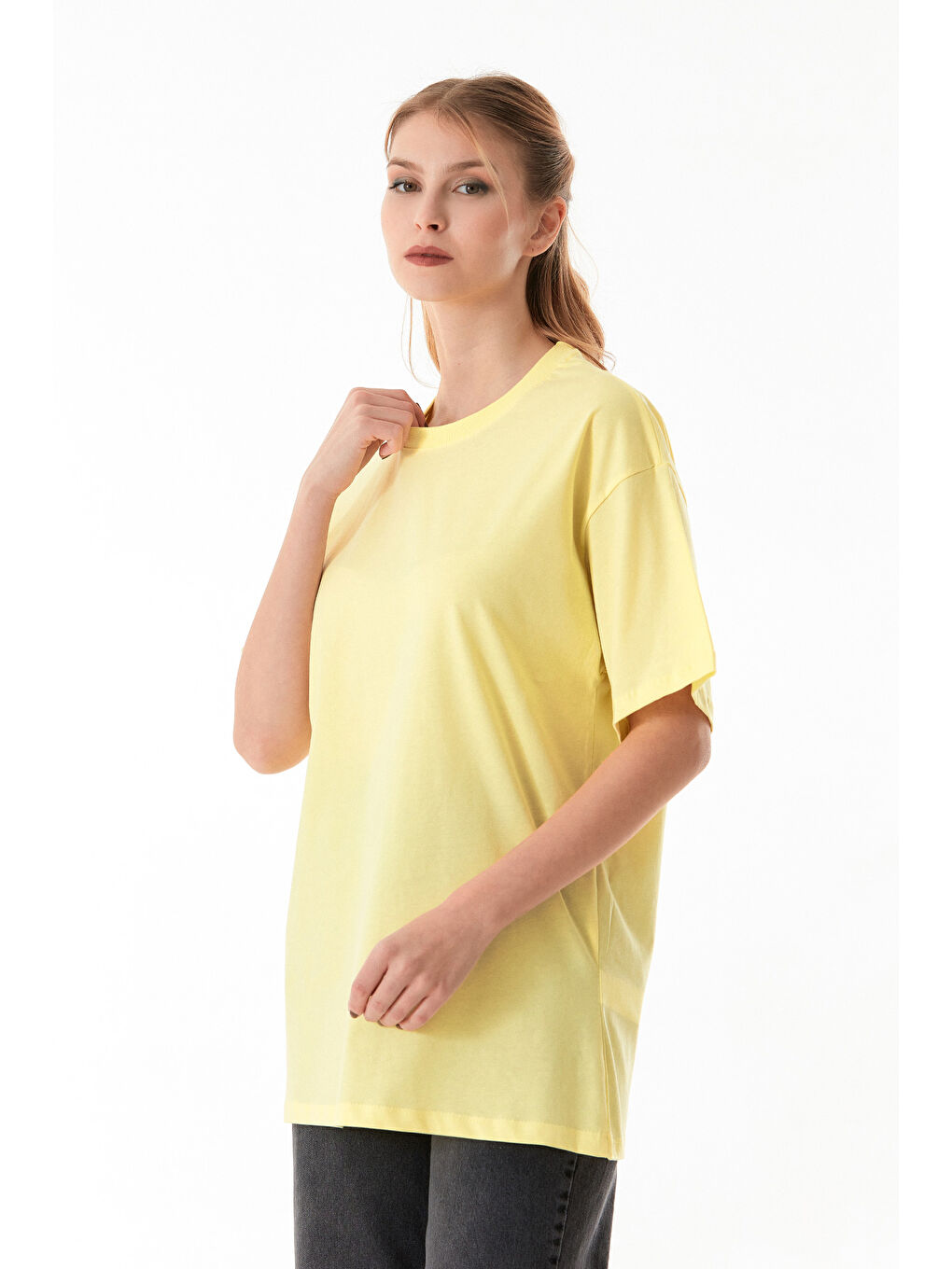 Sarı Basic Oversize Bisiklet Yaka Tişört-2