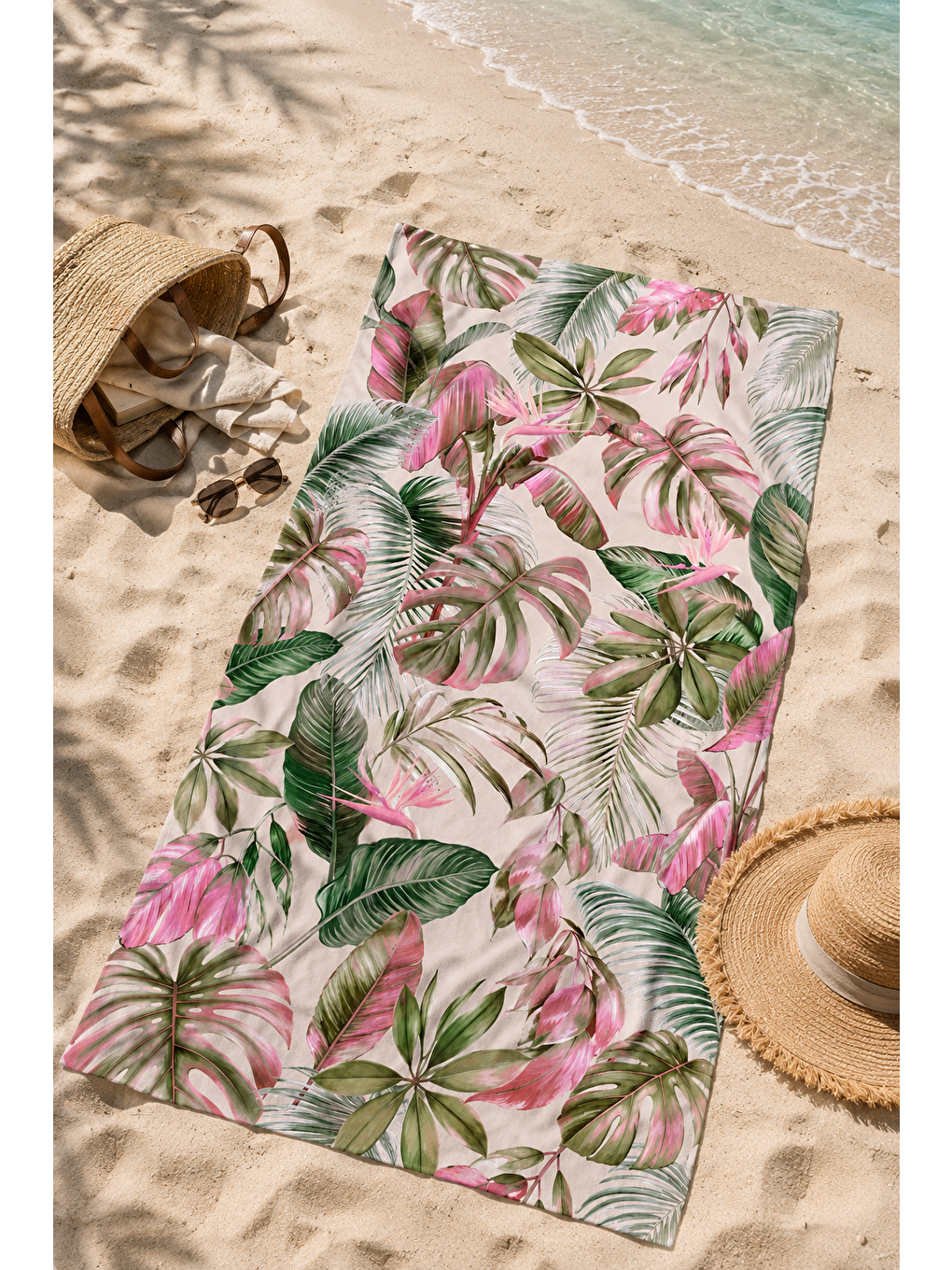 Yeşil Pembe Tropik Yaprak Desenli 70x150 Plaj Havlusu-4
