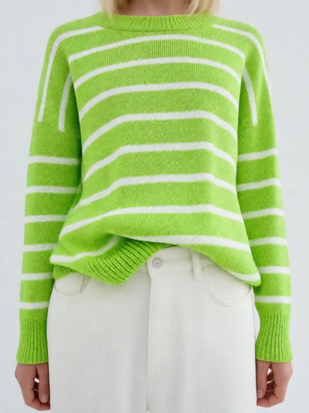 Kadın Fıstık Yeşili Bisiklet Yaka Beyaz Çizgili Triko Kazak-1