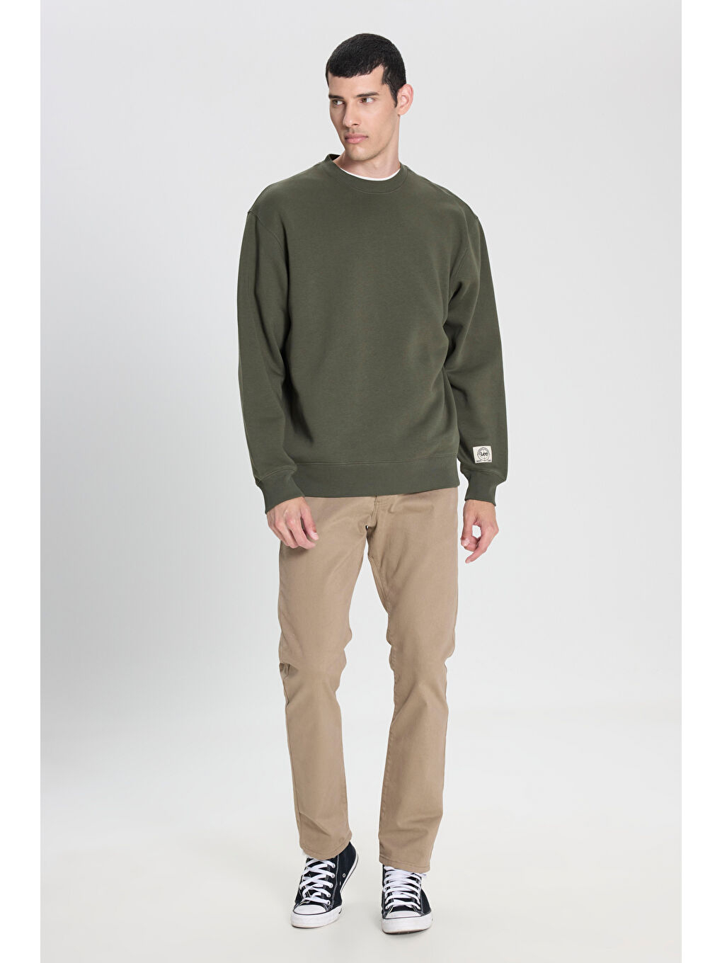 Loose Fit Rahat Kesim Bisiklet Yaka Zeytin Yeşili Sweatshirt-2