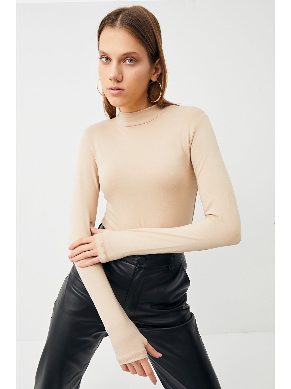 Bej Kadın Yağ Yeşili Krem Parmak Detaylı 2'li Body-4