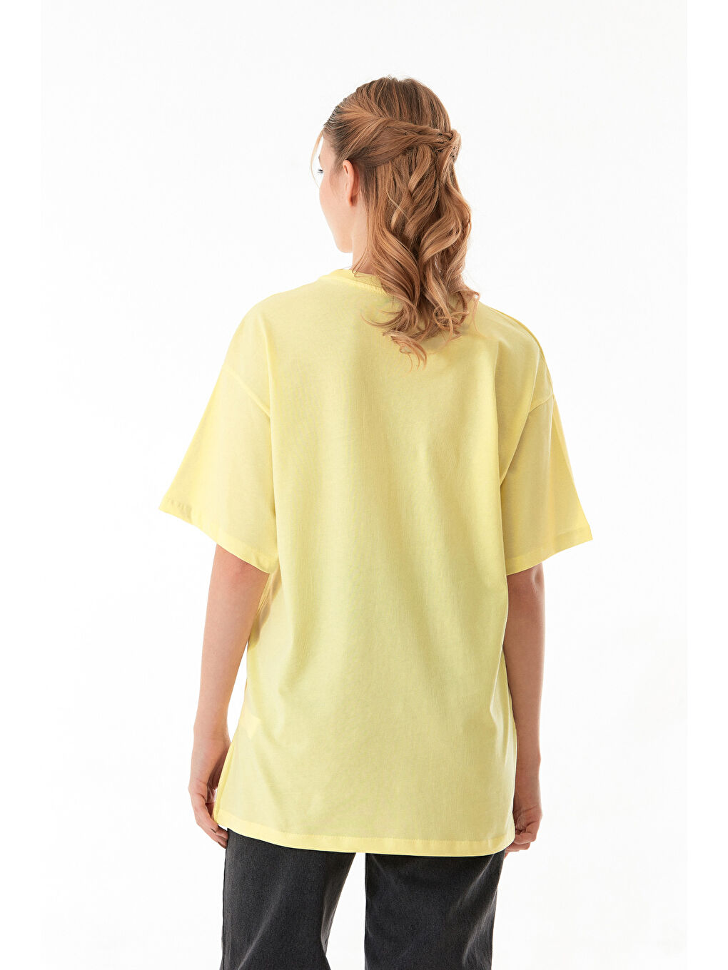 Sarı Basic Oversize Bisiklet Yaka Tişört-4