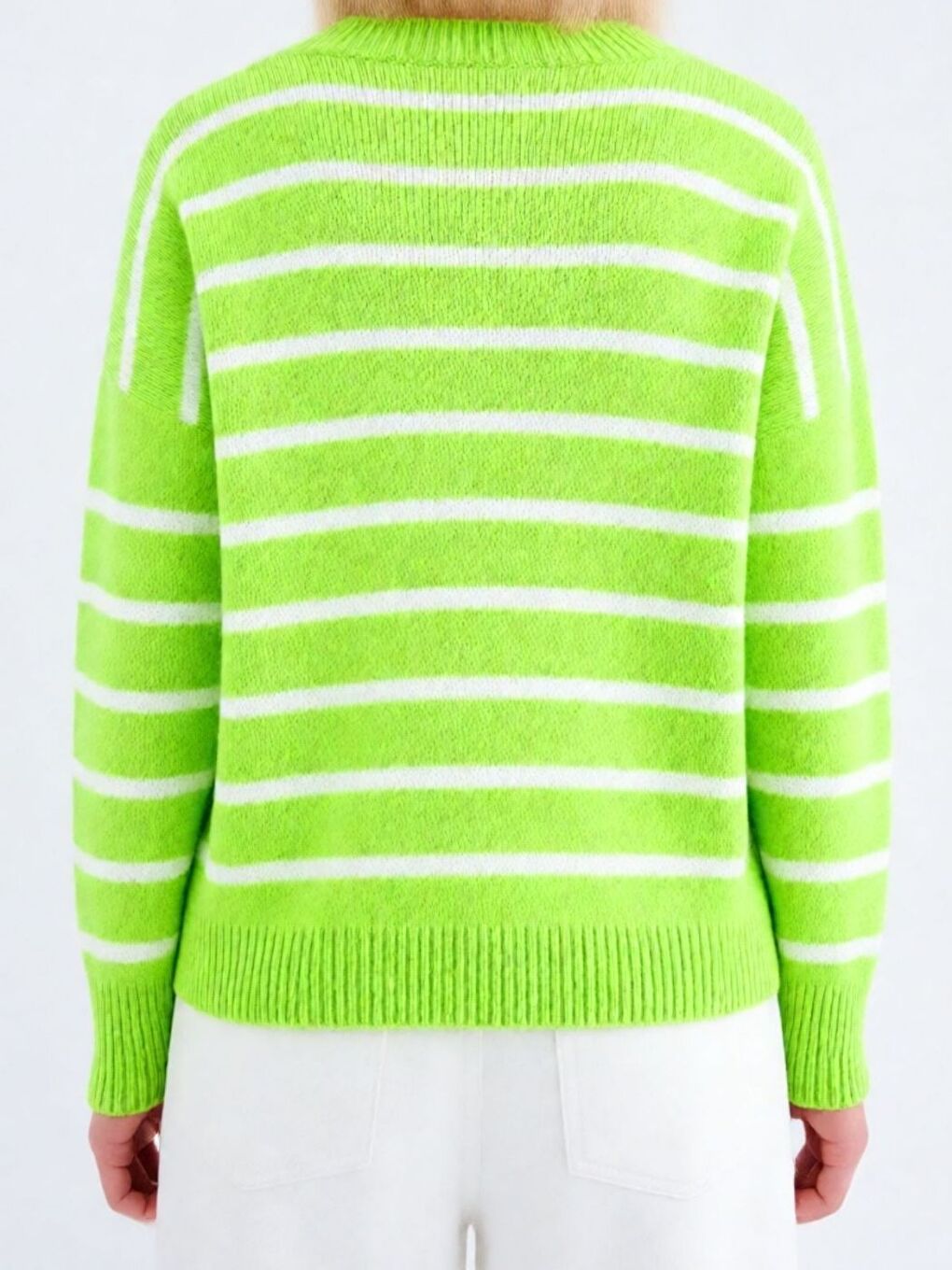 Kadın Fıstık Yeşili Bisiklet Yaka Beyaz Çizgili Triko Kazak-2