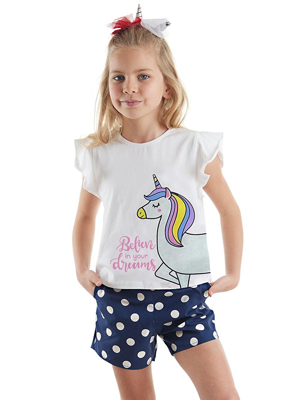 Denokids Karışık Sim Unicorn Kız Çocuk T-Shirt Poplin Şort Takım