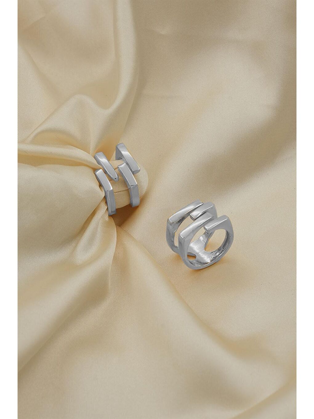 Sarı Kadın Gümüş Kaplama Kare Çizgi Yüzük (Ayarlanabilir)-1