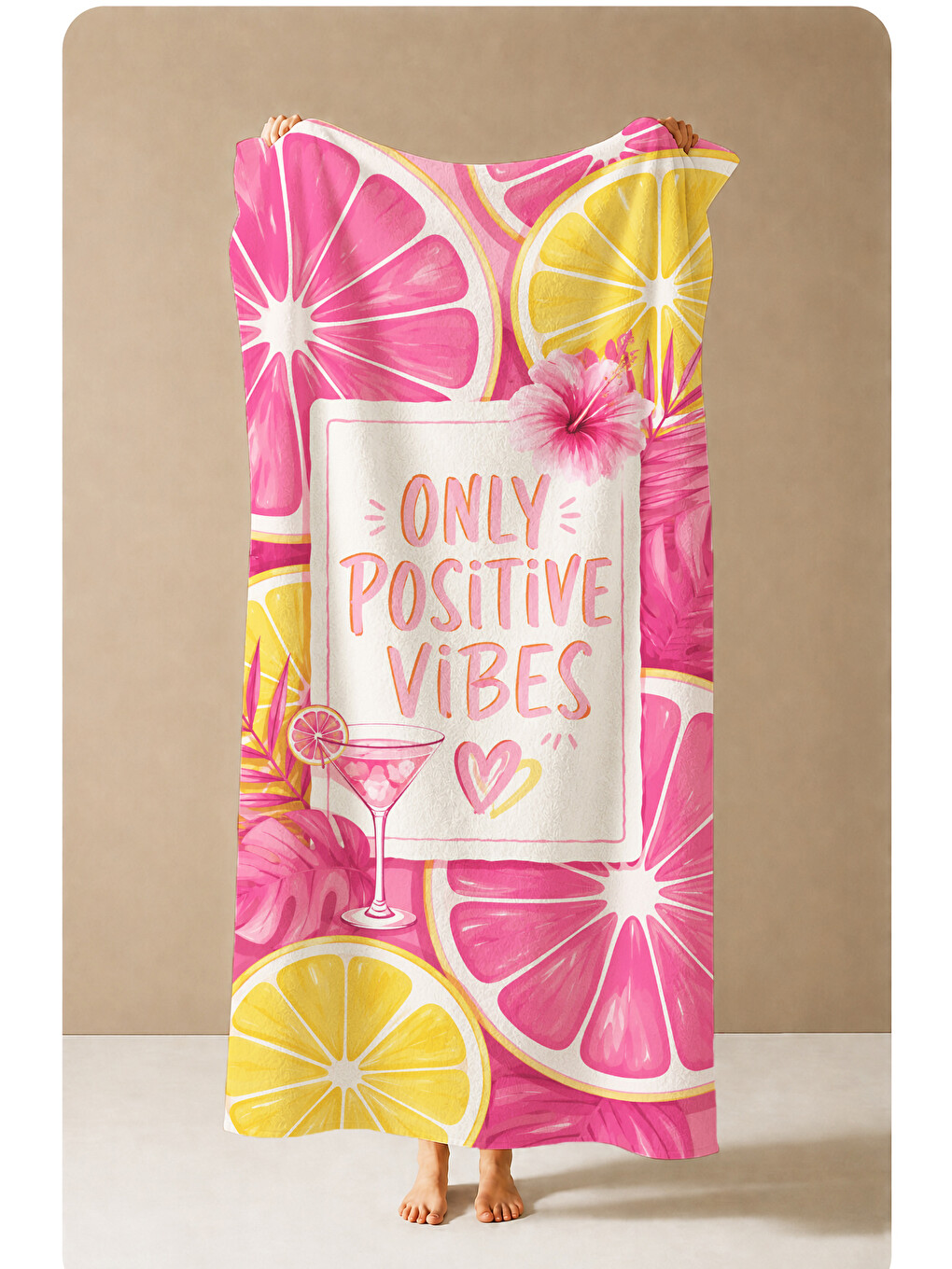 Pembe Pop Art Positive Vibes Narenciye Desenli 70x150 Plaj Havlusu - Dijital Baskılı Banyo Havlusu-1