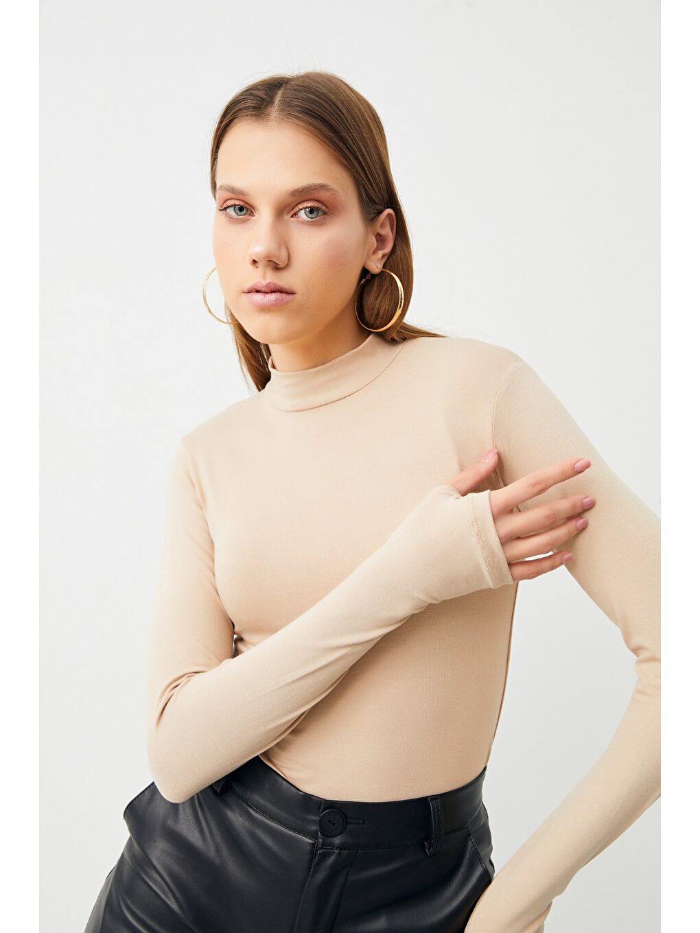 Bej Kadın Yağ Yeşili Krem Parmak Detaylı 2'li Body-6