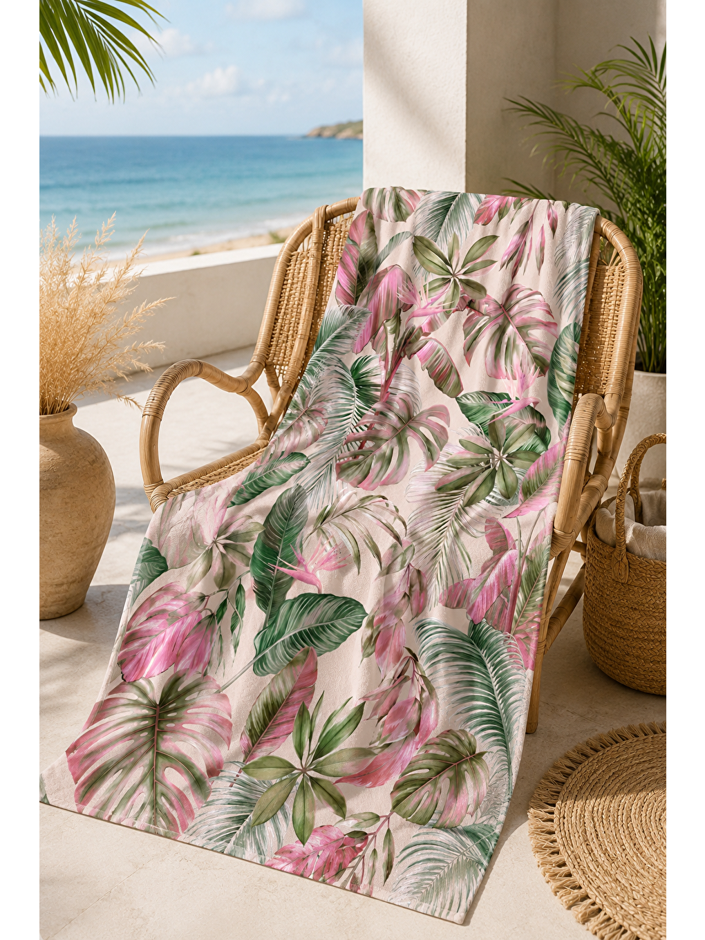 Yeşil Pembe Tropik Yaprak Desenli 70x150 Plaj Havlusu-5