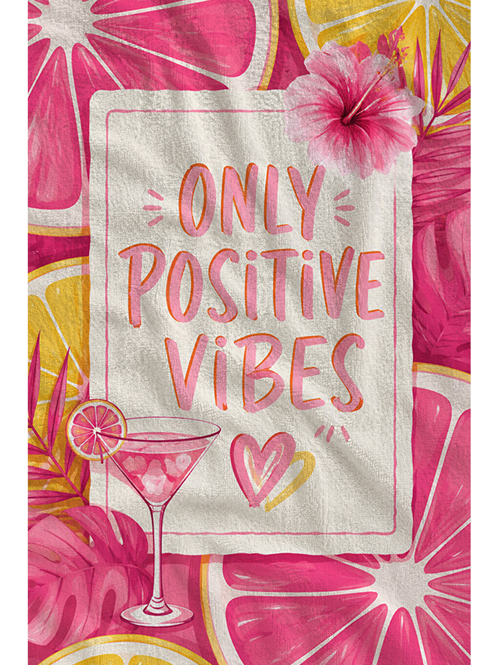 Pembe Pop Art Positive Vibes Narenciye Desenli 70x150 Plaj Havlusu - Dijital Baskılı Banyo Havlusu-2