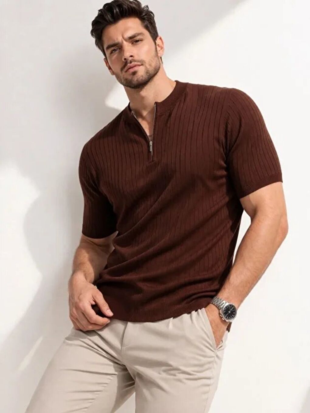 Kahverengi Erkek Kısa Kol Fitilli Triko Tişört