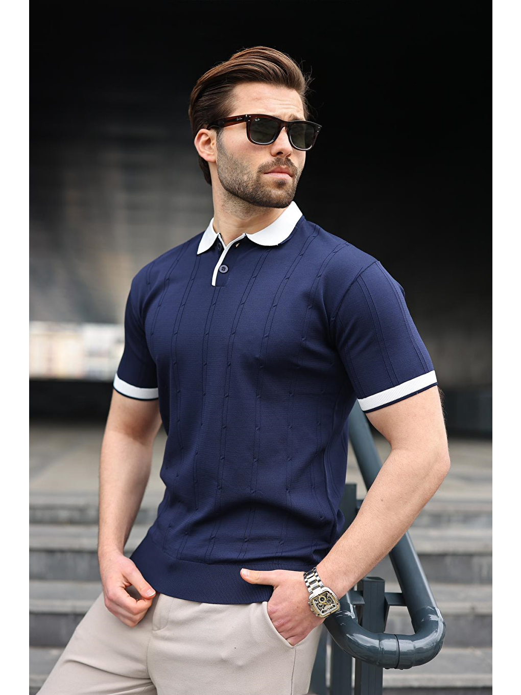 Lacivert Polo Yaka Triko Erkek Tişört E7470-1