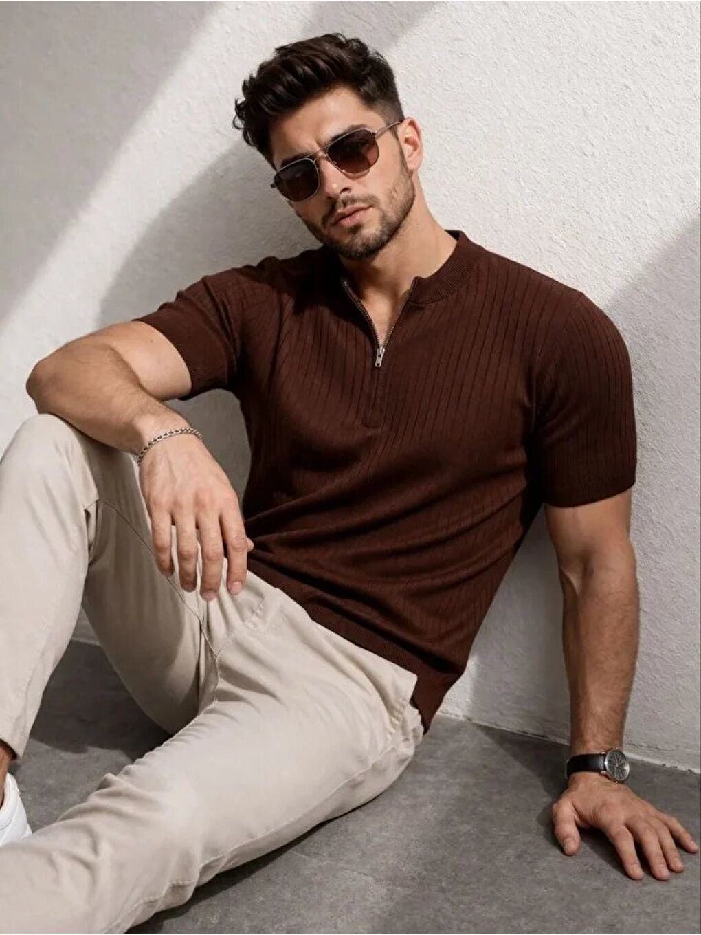Kahverengi Erkek Kısa Kol Fitilli Triko Tişört-1