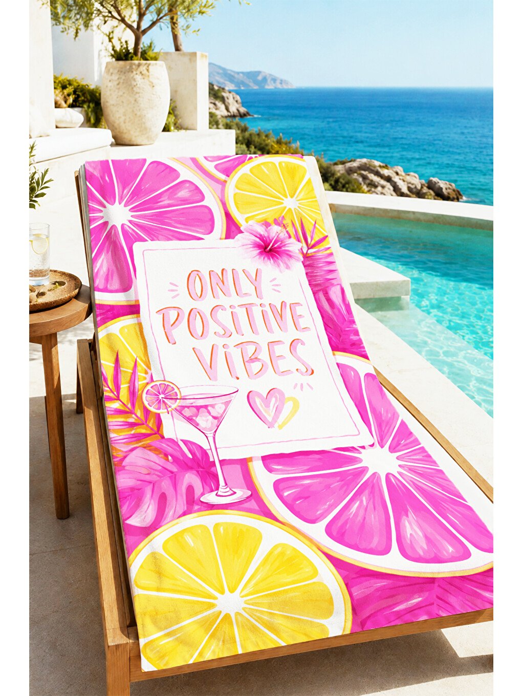 Pembe Pop Art Positive Vibes Narenciye Desenli 70x150 Plaj Havlusu - Dijital Baskılı Banyo Havlusu-4