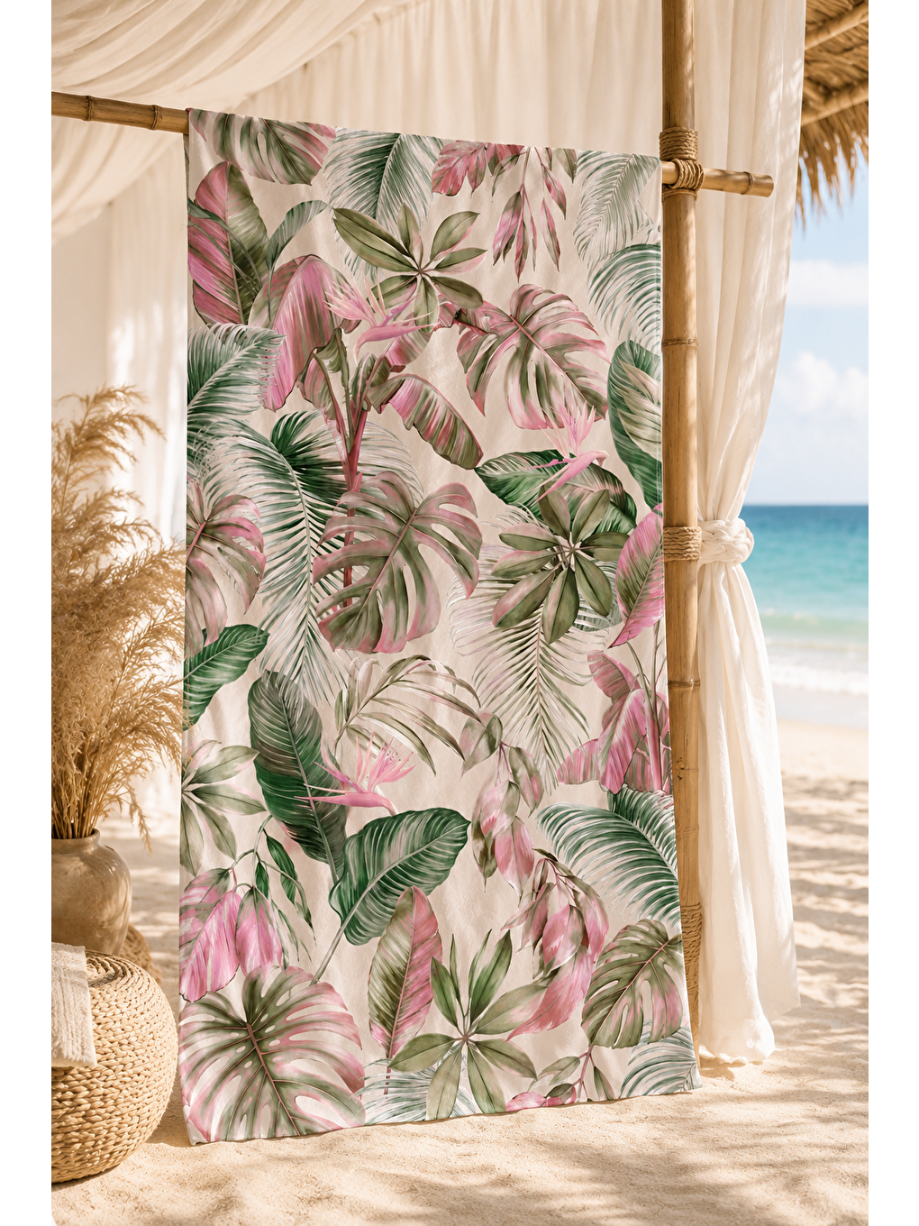 Yeşil Pembe Tropik Yaprak Desenli 70x150 Plaj Havlusu-6
