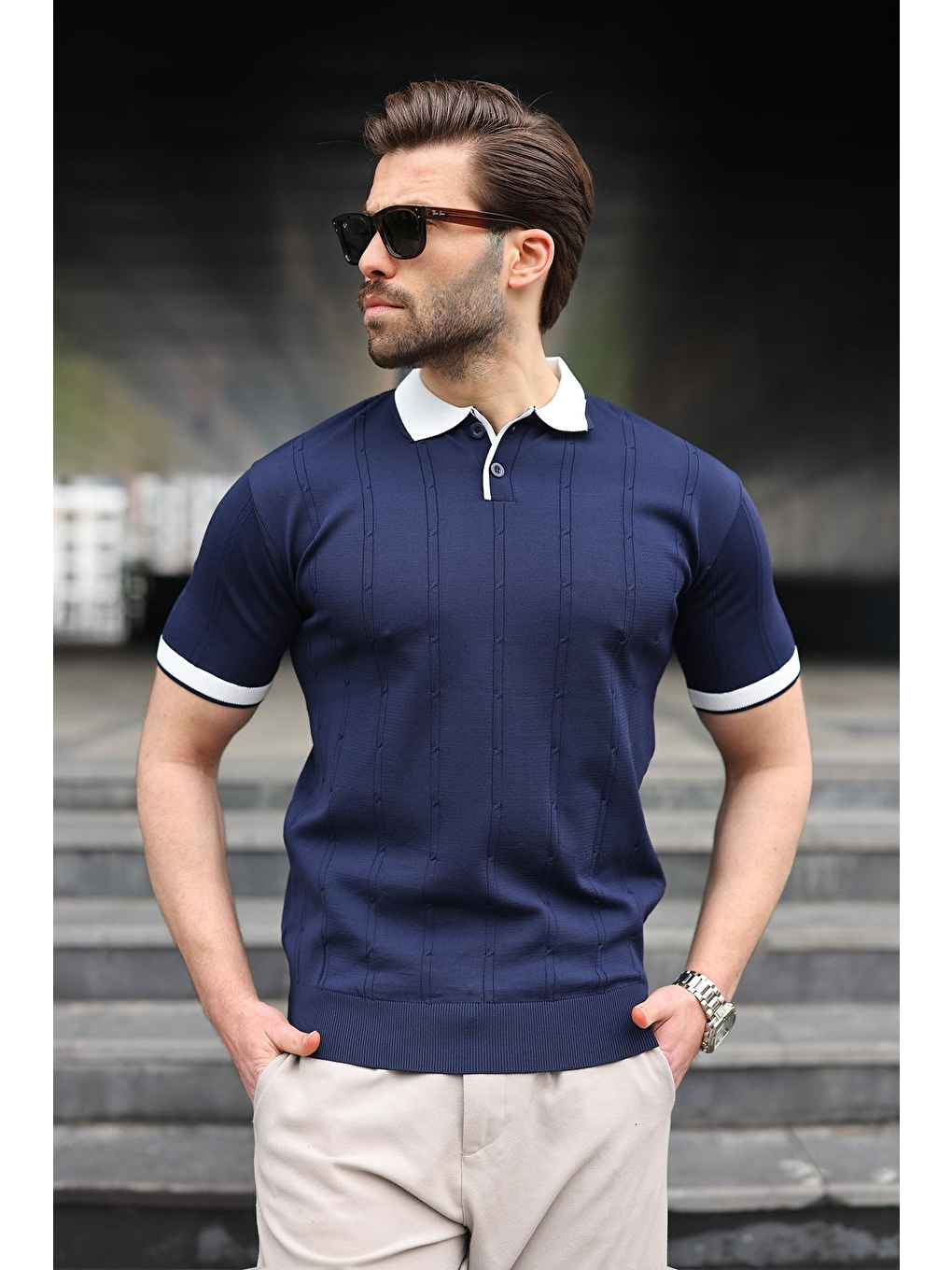 Lacivert Polo Yaka Triko Erkek Tişört E7470-3