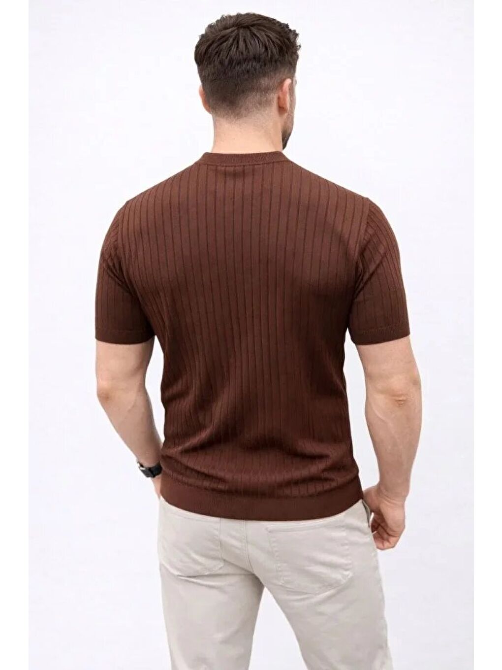 Kahverengi Erkek Kısa Kol Fitilli Triko Tişört-2