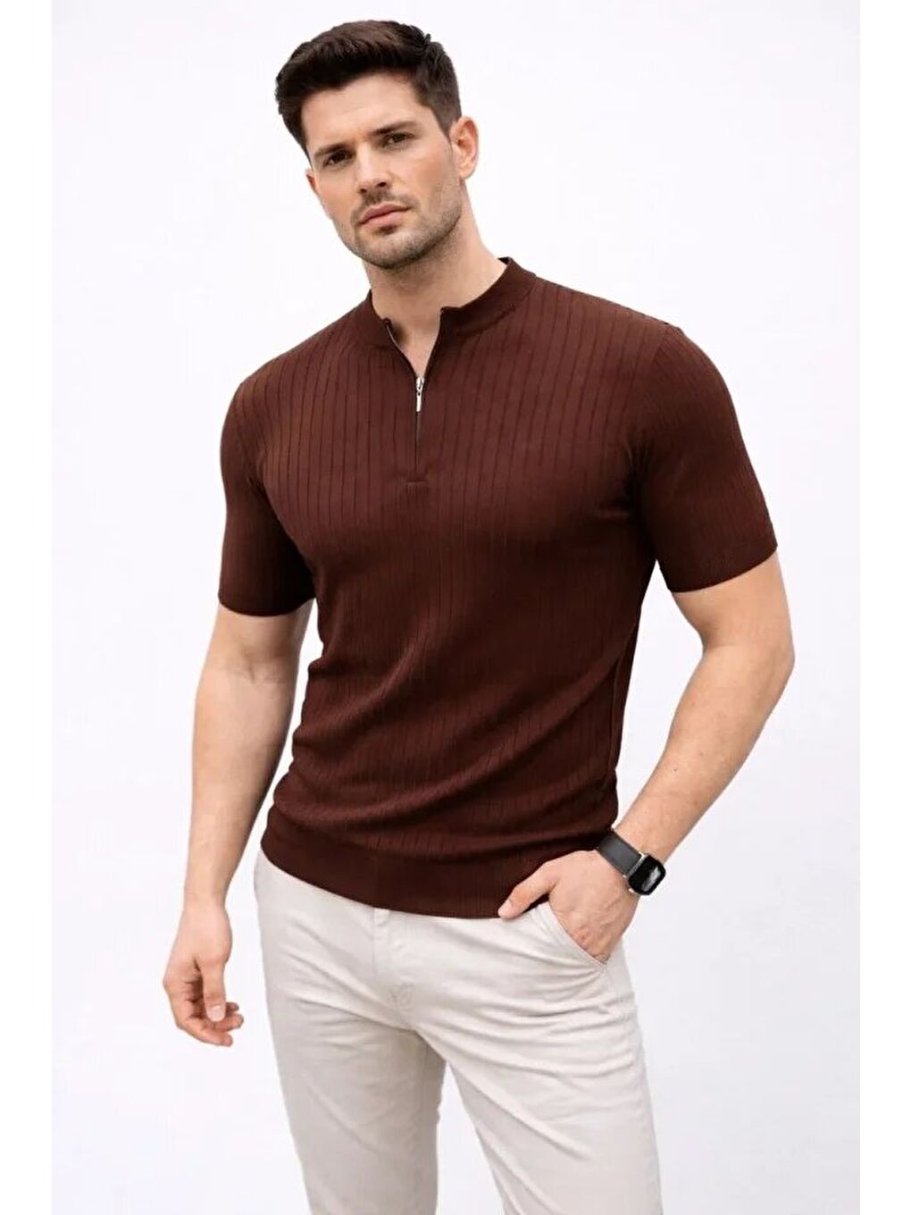 Kahverengi Erkek Kısa Kol Fitilli Triko Tişört-3