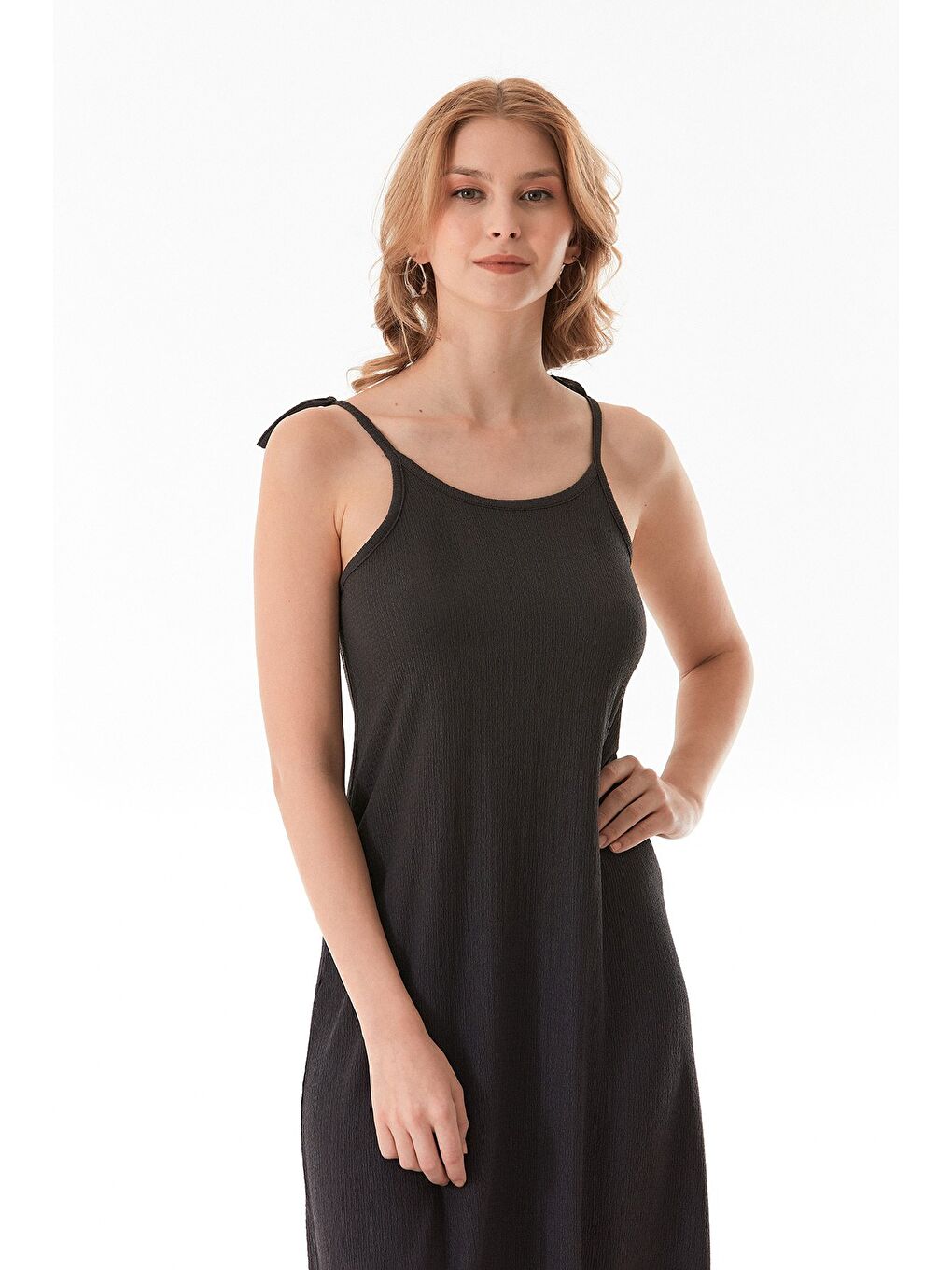 Antrasit Bürümcük Kumaş Askısı Bağlamalı Elbise-1