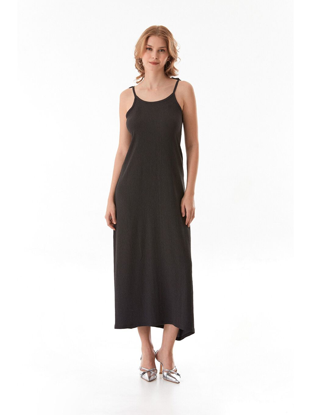 Antrasit Bürümcük Kumaş Askısı Bağlamalı Elbise-3