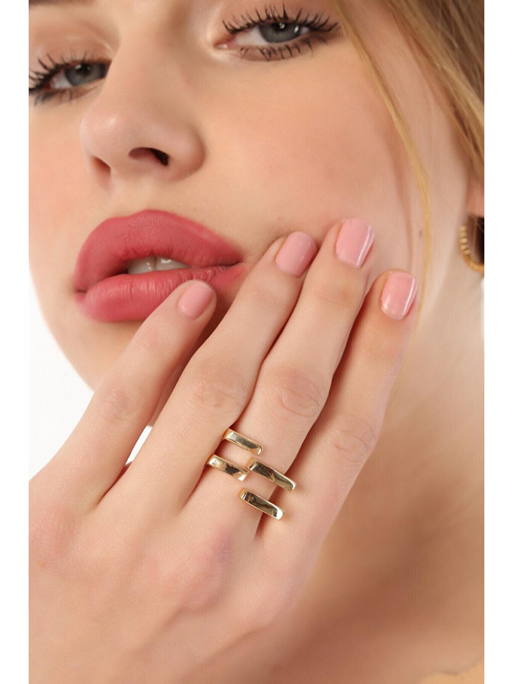 Sarı Kadın Gümüş Kaplama Kare Çizgi Yüzük (Ayarlanabilir)-3