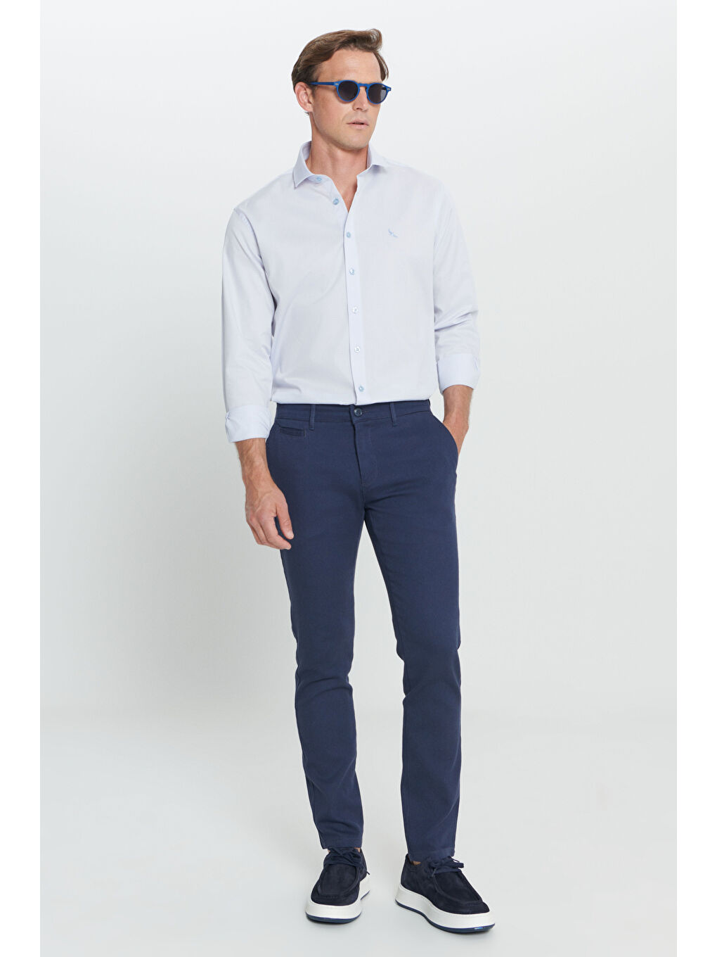 Erkek Lacivert Slim Fit Dar Kesim Yan Cepli Pamuklu Esnek Pantolon-1