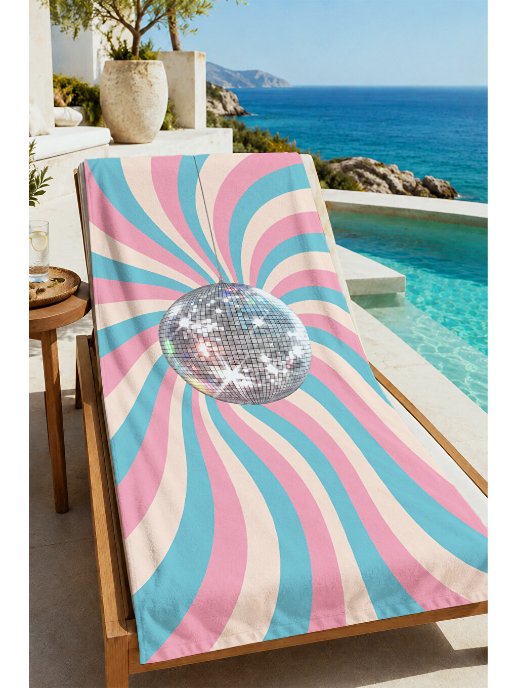 Pembe Retro Disko Topu Pastel Işınlı Geometrik Desenli 70x150 Plaj Havlusu - Dijital Baskılı Banyo Havlusu