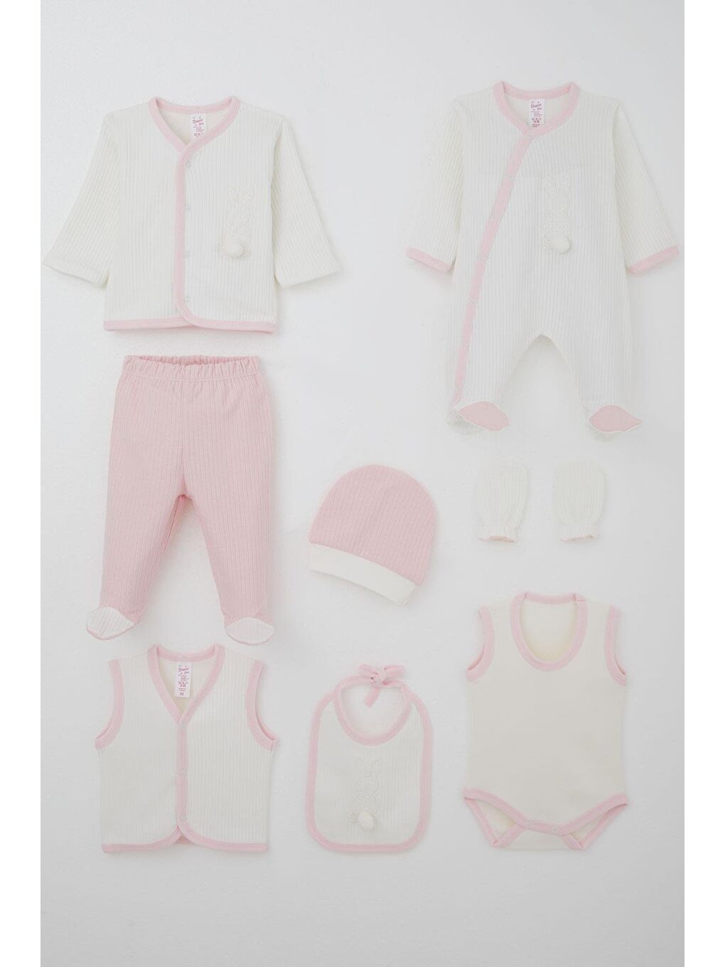 Kız Bebek Hastane Çıkışı 8 Li Ponponlu Tavşancık Nakışlı Beyaz (0-3 Ay)