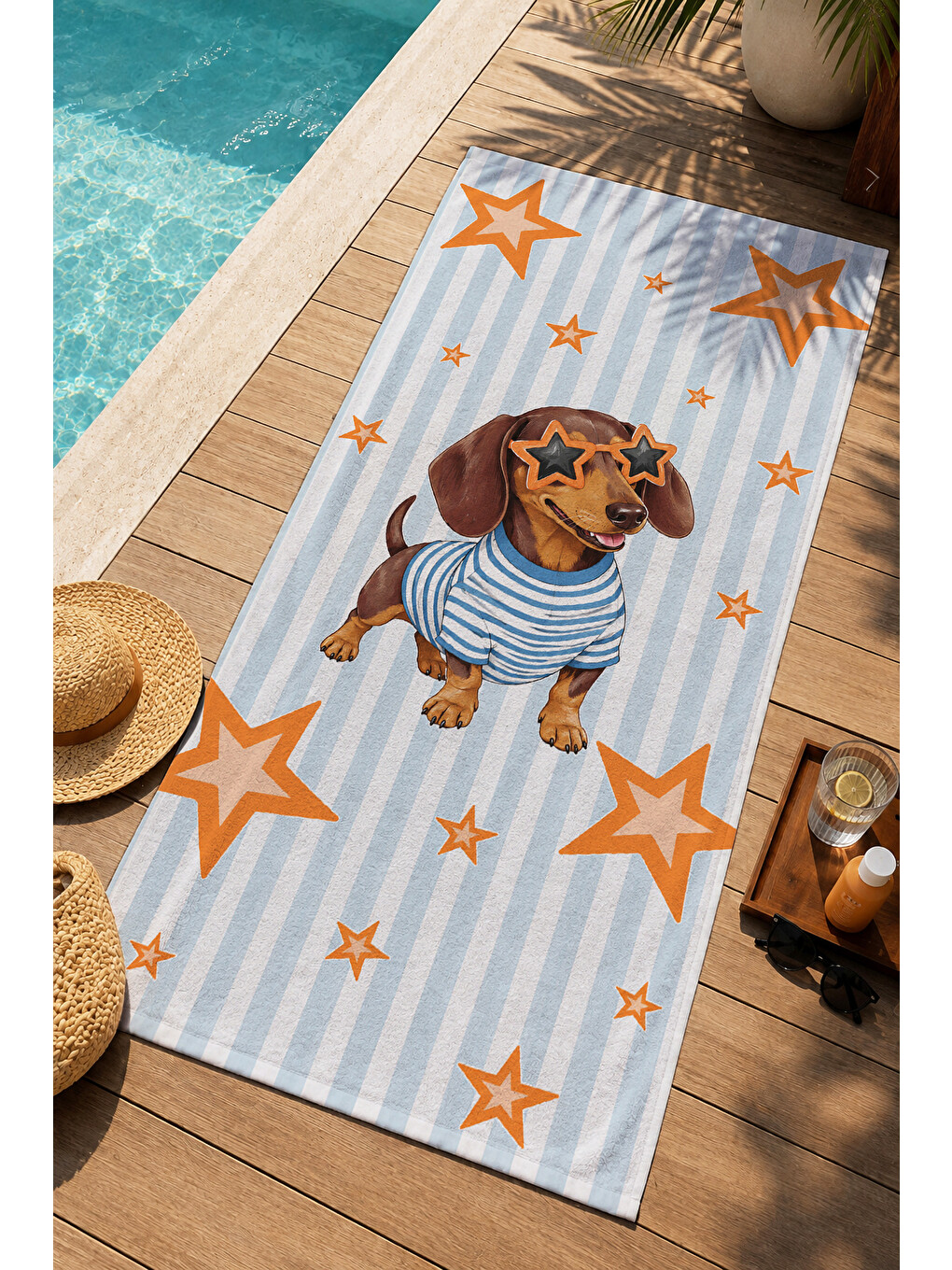 Mavi Pop Art Denizci Köpek Yıldız Ve Gözlük Desenli 70x150 Plaj Havlusu - Dijital Baskılı Banyo Havlusu-4