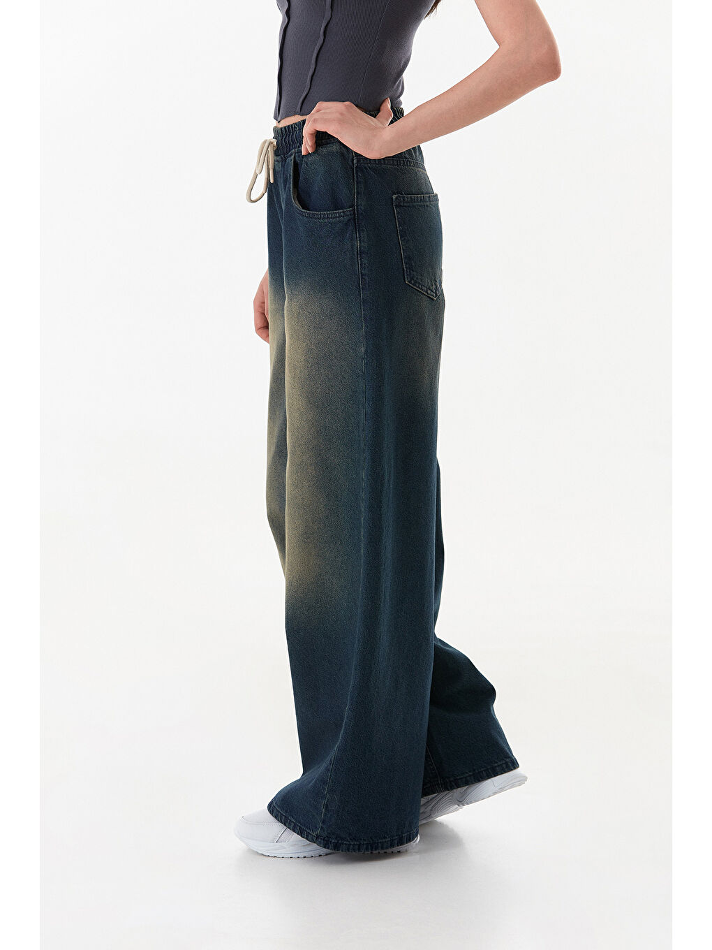 Mavi Beli Bağlamalı Eskitme Görünümlü Palazzo Jean-4