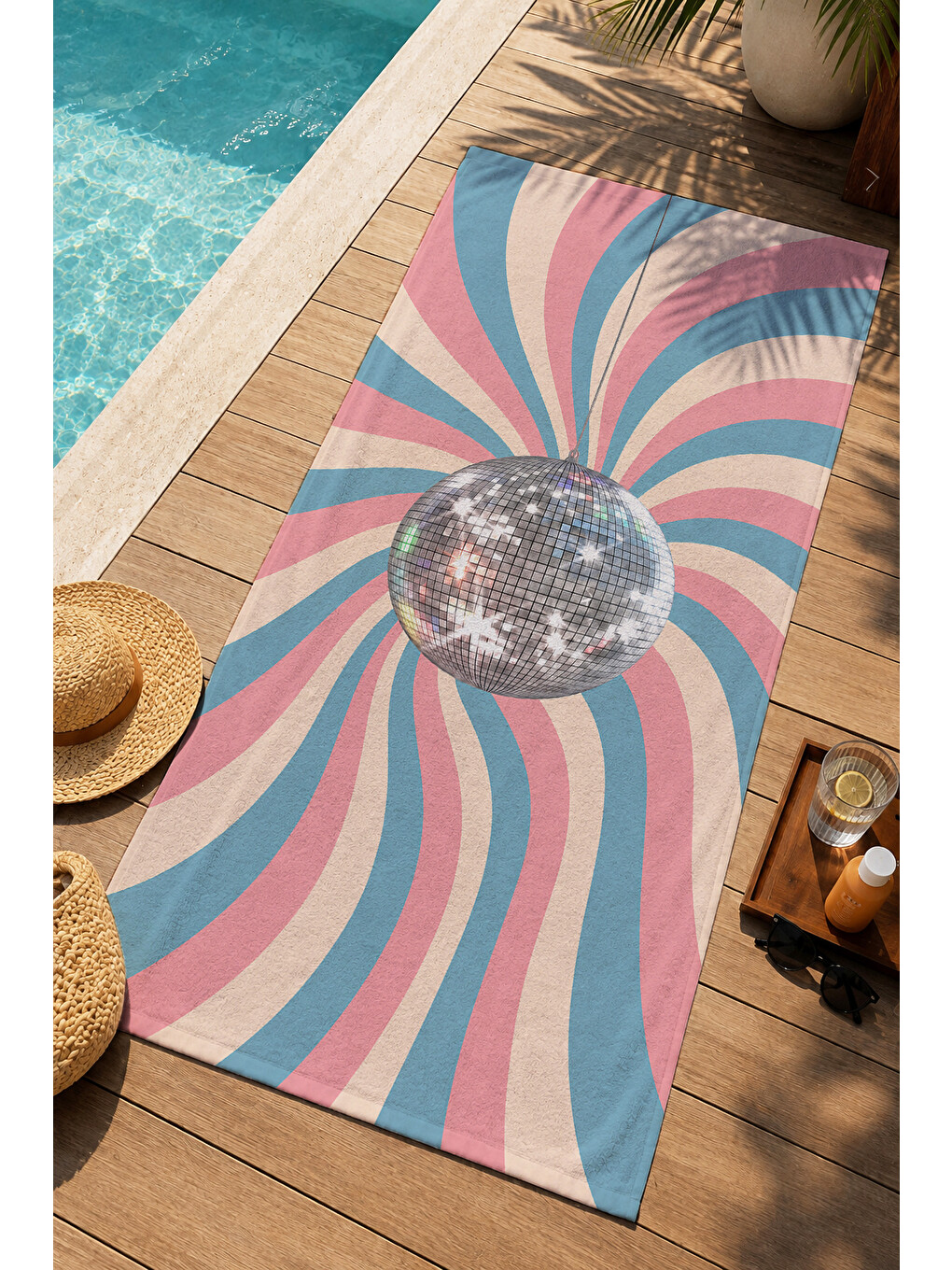 Pembe Retro Disko Topu Pastel Işınlı Geometrik Desenli 70x150 Plaj Havlusu - Dijital Baskılı Banyo Havlusu-1