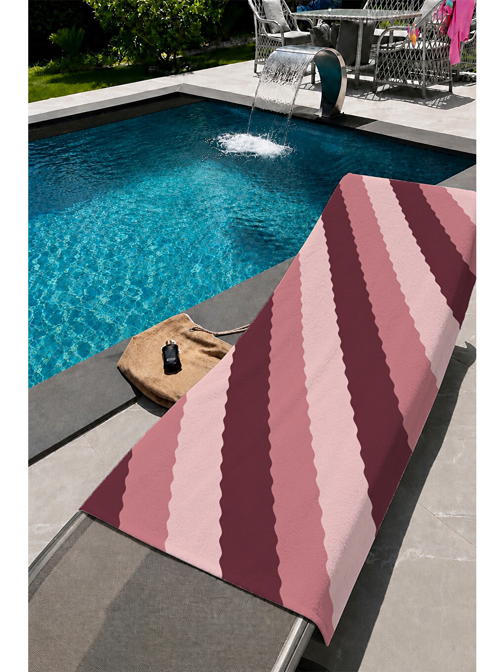 Bej Bordo Pembe Çapraz Şerit Desenli 70x150 Plaj Havlusu-1