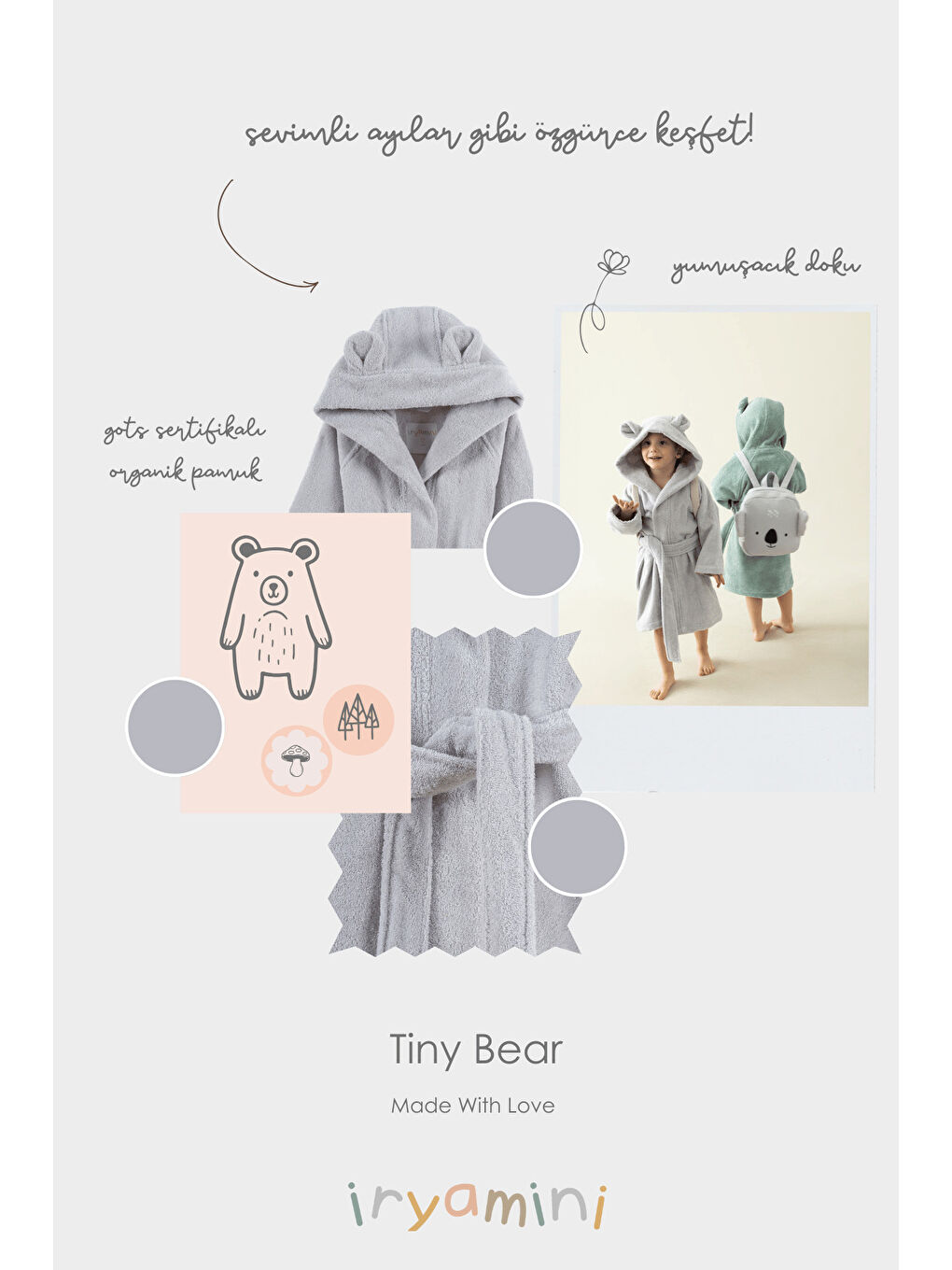 Tiny Bear Organik Pamuk Çocuk Bornoz Gri-1
